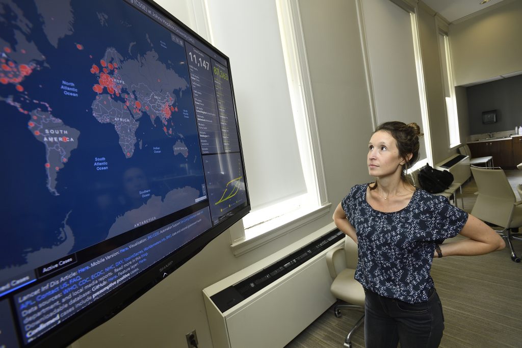 Civil Engineering Professor Lauren Gardner and her team work to maintain the COVID-19 dashboard, built by Gardner's team at the Center for Systems Science and Engineering (CSSE) at Johns Hopkins University.